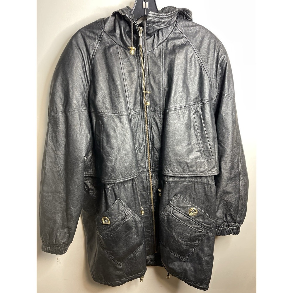 G-III Women's Black Leather Hooded Jacket Coat Size Large BEAUTIFUL Condition